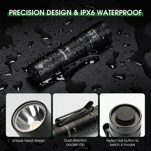 Rechargeable 1200 Lumen EDC Flashlight With Clip AA Pocket Light for Camping Home and Emergencies in water with features.