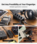 SK01 Portable Headphone Amplifier With Built In EQ And Preamp Bass Midrange Treble Tone Control And Loudness Class A Analog Amp For Electric Guitar Easy Dial In Sound 3.5mm And 6.35mm Jacks on a wooden surface showing various uses