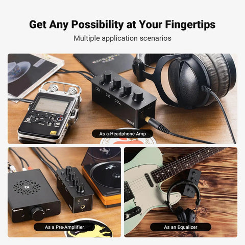SK01 Portable Headphone Amplifier With Built In EQ And Preamp Bass Midrange Treble Tone Control And Loudness Class A Analog Amp For Electric Guitar Easy Dial In Sound 3.5mm And 6.35mm Jacks on a wooden surface showing various uses