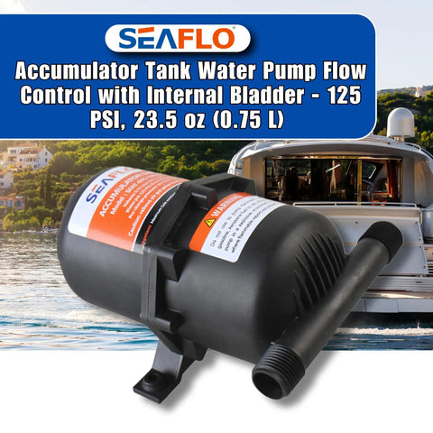 Accumulator Tank With Internal Bladder And Flow Control For Marine, RV, And Off-Grid Water Systems - 125 PSI, 0.75 L capacity