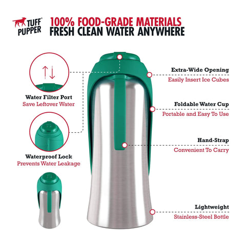 Big Dog Water Bottle Travel Dispenser 27 or 40 oz stainless steel hydration bottle with leak proof cup, foldable design shown