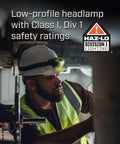 Worker wearing Enduro Pro Hazlo 160 Lumen Multi Function Headlamp With Three AAA Batteries Rubber Hard Hat Strap in dim setting.
