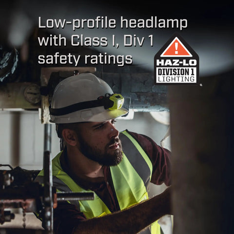 Worker wearing Enduro Pro Hazlo 160 Lumen Multi Function Headlamp With Three AAA Batteries Rubber Hard Hat Strap in dim setting.