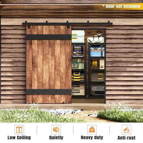 Exterior Sliding Barn Door Hardware Kit With Box Rail Track 8 Foot Length 450 Pound Capacity Black Weather Resistant Steel Wall Mount System For Outdoor Use Fits Single 48 Inch Door Heavy Duty Rail installed on wooden structure.