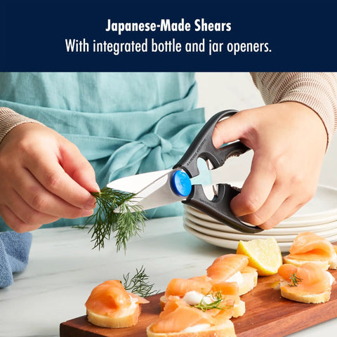 All Purpose Kitchen Scissors With Built In Bottle Opener And Jar Cap Opener Heavy Duty Stainless Micro Serrated Blades Ergonomic Polypropylene Handle Rust Resistant Multi Use Shears For Food Prep Made In Japan, cutting dill