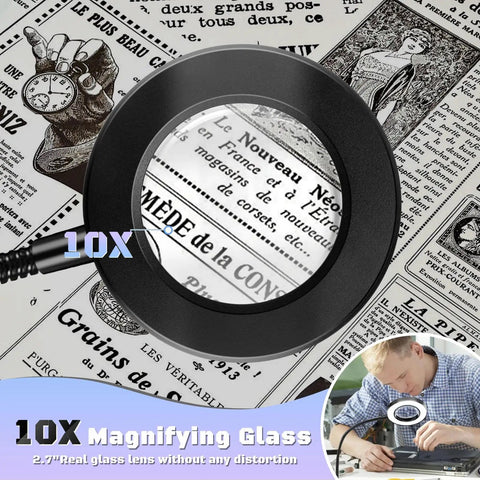 Close-up of 10X Lighted Magnifying Glass With Clip On Mount 48 LED Desk Clamp Magnifier, showing text magnification on paper