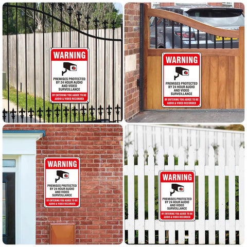 Two Pack Heavy Duty Aluminum Security Warning Signs For Your Property on gates and walls, 10x7 inch rustproof signage with a clear message.