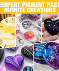 Epoxy resin pigment paste set, six opaque colors; collage shows resin art pieces including heart pendants and coasters.