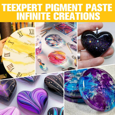 Epoxy resin pigment paste set, six opaque colors; collage shows resin art pieces including heart pendants and coasters.