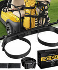 Heavy Duty Golf Cart Bag Holder Upgraded Rear Seat Bracket For One Inch Square Frame with durable straps on golf cart.