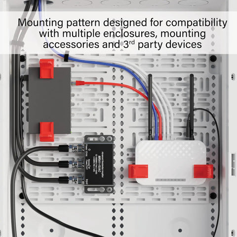 Rock Solid 10 Inch Universal Mounting Plate With Heavy Duty Ratchet Clamps For Secure Device Mounting Inside Structured Media Enclosures shown mounted with cables.