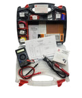 Open case of Deluxe Electronics Third Edition Component Kit For Beginners To Pros, showing multimeter, wires, and manuals.