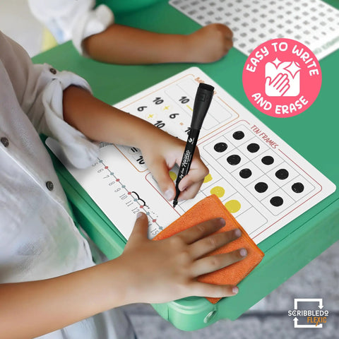 Child using Flexible Whiteboard Sheets 9 By 12 Inches Dry Erase Set For Math Manipulatives Including Number Chart Ten Frame And Number Line
