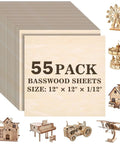 Front view of MITINU 55-pack basswood sheets, 12x12 in, 1/12 in (2 mm) thick unfinished plywood for crafts