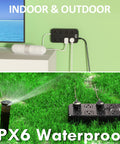 All Weather Outdoor Power Strip With 8 Outlets And 3 USB Ports IPX6 Waterproof Surge Protector shown indoors on a shelf and outdoors on grass.