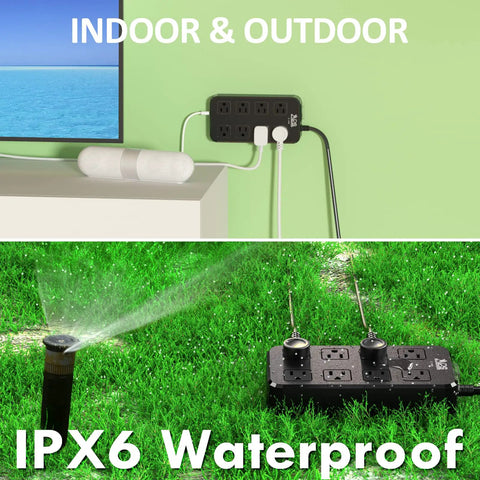 All Weather Outdoor Power Strip With 8 Outlets And 3 USB Ports IPX6 Waterproof Surge Protector shown indoors on a shelf and outdoors on grass.