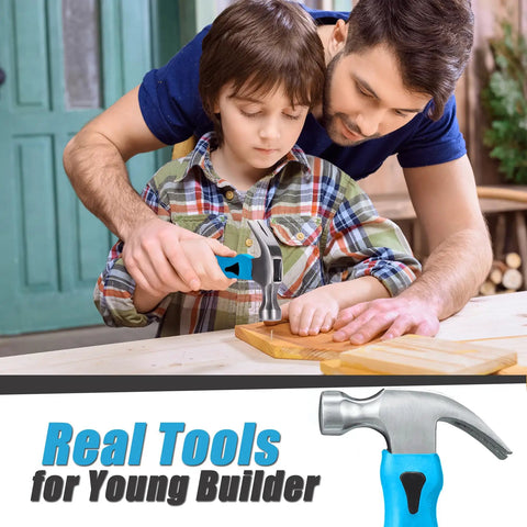 Blue 18 Piece Kids Builder Tool Set With Real Hand Tools And Reinforced Tool Belt For Waist 20 To 32 Inches Perfect For Home DIY Learning Woodworking And Hands On Projects That Build Confidence And Skills