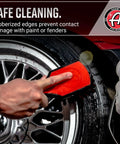 Premium Tire Brush For Car Detailing And Tire Cleaning With Soft Bristles Rubberized Head And Grippy Handle in use on tire