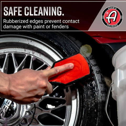 Premium Tire Brush For Car Detailing And Tire Cleaning With Soft Bristles Rubberized Head And Grippy Handle in use on tire