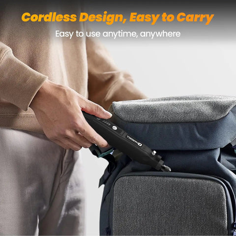 Person placing Mini Cordless Rotary Tool Kit with 5 Speed Settings and USB Charging into backpack, highlighting portability.
