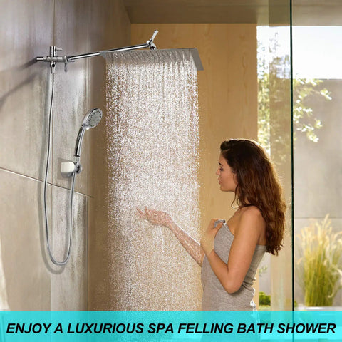 Woman enjoying Dope 12 Inch Rain Shower Head With Handheld Spray Dual Square Rainfall Set in modern bathroom