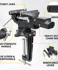 Beefy Heavy Duty 2-In-1 Bench Vise With 3.3 Inch Jaw Width 360 Degree Swivel Base Non Slip Jaws Removable Anvil Cast Iron Design