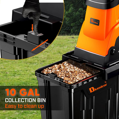 Beast Mode Wood Chipper Shredder For Yard Cleanup With 1800W Motor And 1.77 Inch Cut, showing 10 gallon collection bin filled with mulch