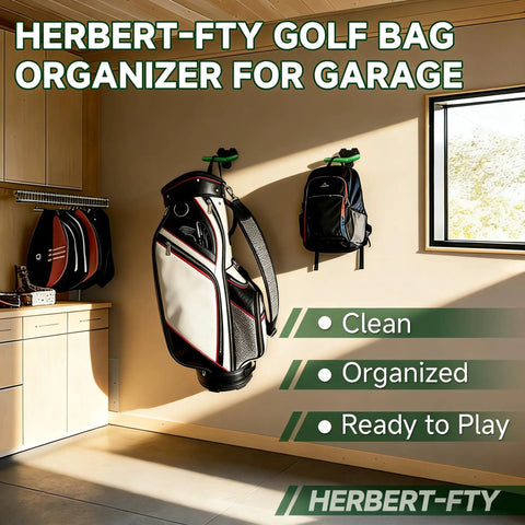 Two Pack Wall Mount Full Size Golf Bag Hangers For Garage Setup Space Saving Storage Heavy Duty Steel Golf Bag Holder Easy Install Adjustable Organizer displayed with bags