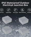 4 Pack Heavy Duty Abs Plastic Junction Boxes 6 In X 6 In X 3 In IP65 Waterproof Outdoor Electrical Conduit Enclosure with rain droplets.