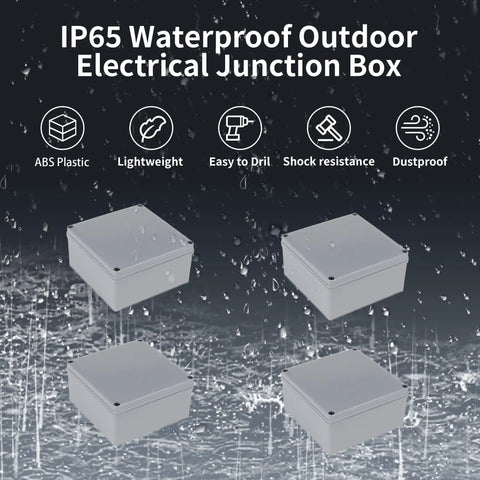 4 Pack Heavy Duty Abs Plastic Junction Boxes 6 In X 6 In X 3 In IP65 Waterproof Outdoor Electrical Conduit Enclosure with rain droplets.