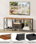 Reliable Industrial TV Console With Fabric Drawer And Open Storage Rack For 50 To 55 Inch Screens, rustic brown media center with games and books.