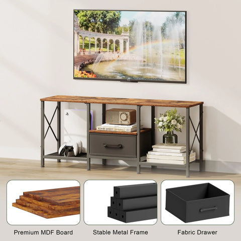 Reliable Industrial TV Console With Fabric Drawer And Open Storage Rack For 50 To 55 Inch Screens, rustic brown media center with games and books.