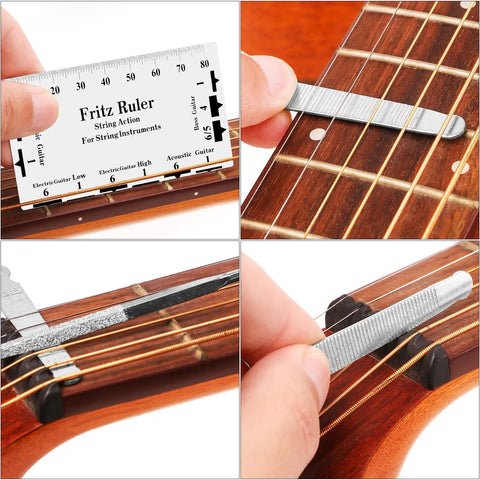 72 Piece All In One Guitar Tool Kit For Repair And Maintenance with ruler and files on guitar neck