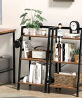 Rock Solid 3 Tier Ladder Bookshelf With Heavy Duty Steel Frame Rustic Brown Metal Display Stand Up Shelves For Living Room Home Office holding books and decor.