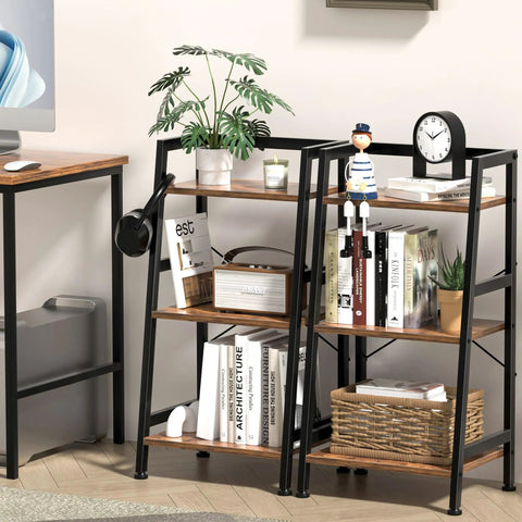 Rock Solid 3 Tier Ladder Bookshelf With Heavy Duty Steel Frame Rustic Brown Metal Display Stand Up Shelves For Living Room Home Office holding books and decor.