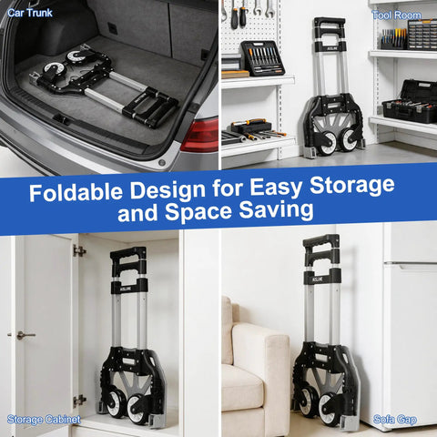 Lightweight Folding Hand Truck With No Sweat Compact Design And Hella Easy Storage For Sweet Everyday Moves And Multi Purpose Utility Dolly Cart With Smooth Rolling Wheels stored in car trunk and storage spaces.