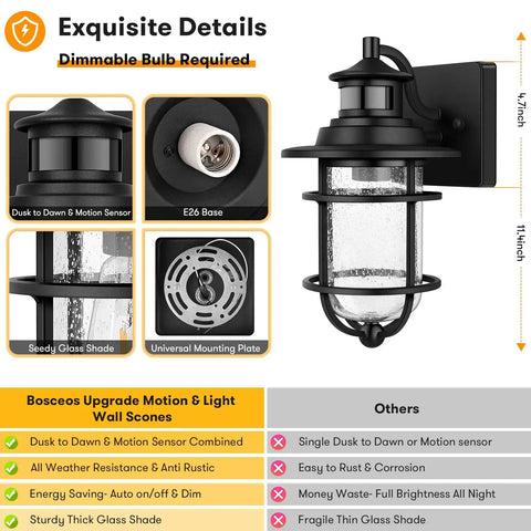 Set Of 2 Motion Sensor Outdoor Wall Lanterns No Brainer Setup Dusk To Dawn Waterproof Exterior Sconce With Seeded Glass Black Wall Mount Light Fixture For Porch Doorway And Garage E26 Socket Motion Activated