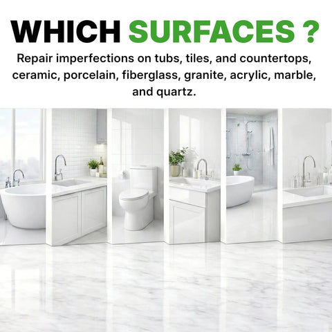 Image of various bathrooms highlighting surfaces for Bathtub And Surface Repair Kit For Chips And Cracks On Bathtubs Tile Ceramic Porcelain And Fiberglass DIY Fix With 8g Repair Material Easy Process And Quick Pro Level Results.