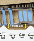 Extended Flat J Hook E Track Ladder Hooks 4 Pack holding a ladder securely on a wall, showcasing different vehicle compatibility icons.