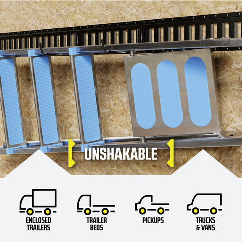 Extended Flat J Hook E Track Ladder Hooks 4 Pack holding a ladder securely on a wall, showcasing different vehicle compatibility icons.