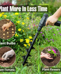 Using Planting Auger Drill Bit Set Four Pack Three Eighth Inch Hex Drive Garden Bits for flowers, bulbs, and tomatoes in a garden.