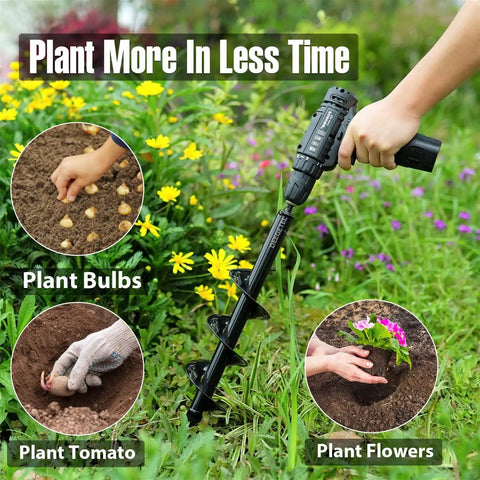 Using Planting Auger Drill Bit Set Four Pack Three Eighth Inch Hex Drive Garden Bits for flowers, bulbs, and tomatoes in a garden.