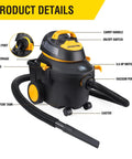 Heavy Duty Wet And Dry Shop Vacuum With 4 Gallon Tank And 5.5 Peak HP SVX2 Motor, labeled handles and attachments visible.