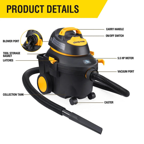 Heavy Duty Wet And Dry Shop Vacuum With 4 Gallon Tank And 5.5 Peak HP SVX2 Motor, labeled handles and attachments visible.