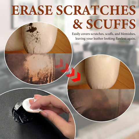 Premium Leather Recoloring Balm And Color Restorer smooths scratched leather, demonstrating application process on scuffed upholstery.