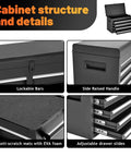 Close-up of Five Drawer Rolling Tool Cart With Detachable Cabinet features: lockable bars, raised handle, EVA foam mats, drawer slides.