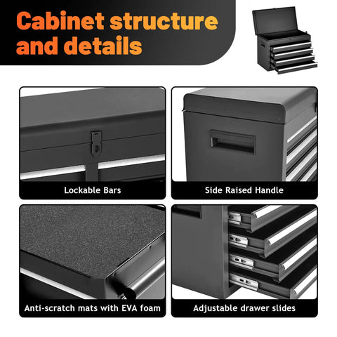 Close-up of Five Drawer Rolling Tool Cart With Detachable Cabinet features: lockable bars, raised handle, EVA foam mats, drawer slides.
