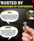 Top Tier 5/8 X 2 1/2 Inch 304 Stainless Steel Hex Head Bolts depicted with customer reviews showcasing durability and use in outdoor applications.