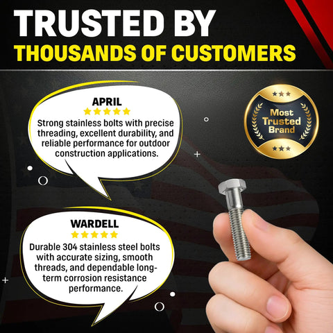 Top Tier 5/8 X 2 1/2 Inch 304 Stainless Steel Hex Head Bolts depicted with customer reviews showcasing durability and use in outdoor applications.