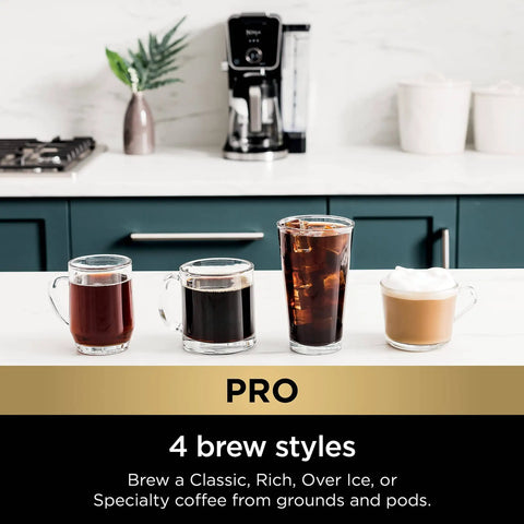 Hot And Iced Coffee Maker With All In One Dual Brew Pro System for Single Serve or Drip Brew, 4 coffee styles shown